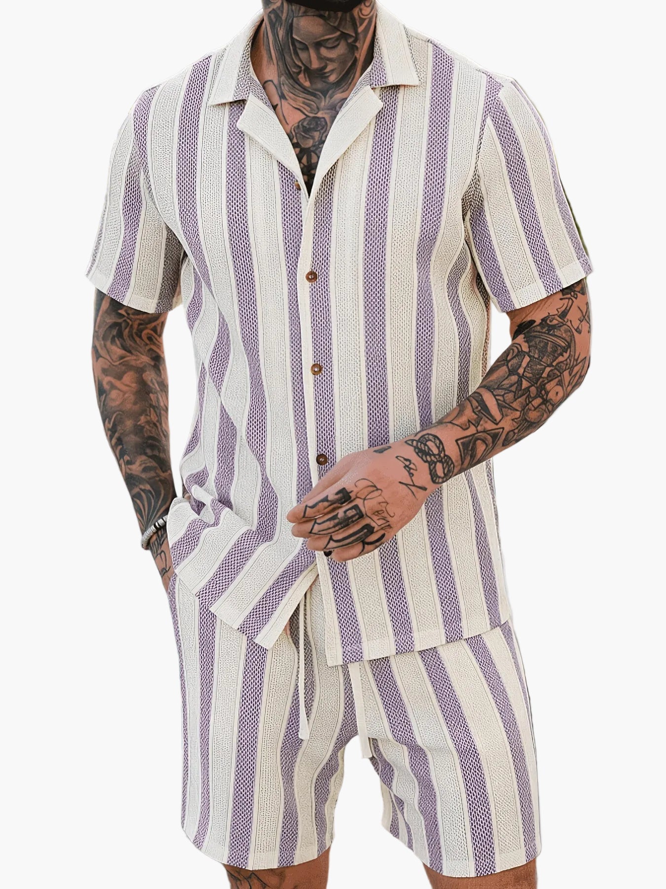 Ensemble décontracté pour homme – Chemise à manches courtes et short à rayures – Style estival tendance