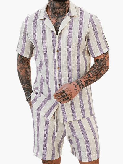 Ensemble décontracté pour homme – Chemise à manches courtes et short à rayures – Style estival tendance