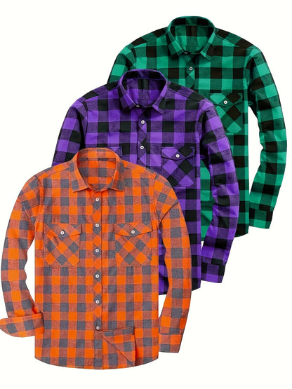 Chemise à Carreaux Homme Manches Longues à Col Classique et Poches Poitrine Couleurs Variées