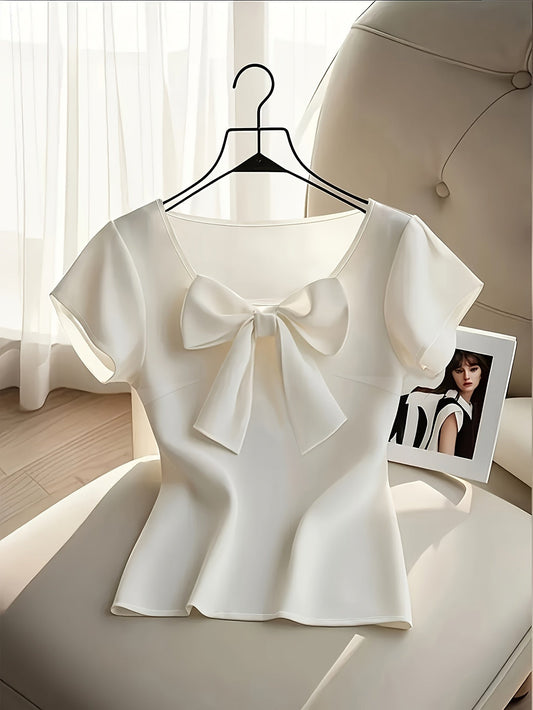 Elegant women's blouse with short sleeves and decorative bow, chic style for office and outings