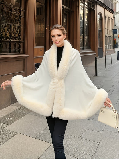 Cape poncho femme ample avec col et bordures en fausse fourrure pour hiver élégant