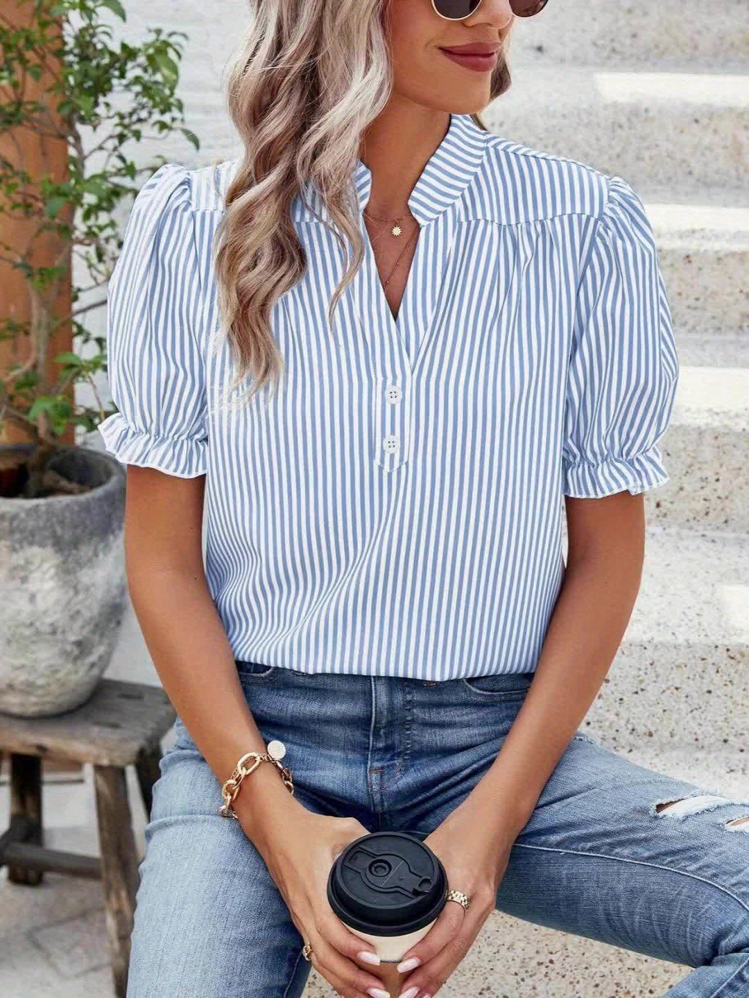 Blouse Femme Élégante à Rayures Manches Bouffantes Style Décontracté Printemps Été