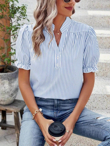 Blouse Femme Élégante à Rayures Manches Bouffantes Style Décontracté Printemps Été