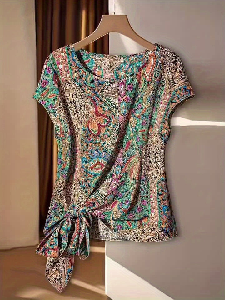 Elegant Women's Blouse with Bohemian Pattern for Spring/Summer, Asymmetric Style with Decorative Bow