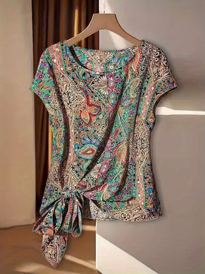 Elegant Women's Blouse with Bohemian Pattern for Spring/Summer, Asymmetric Style with Decorative Bow
