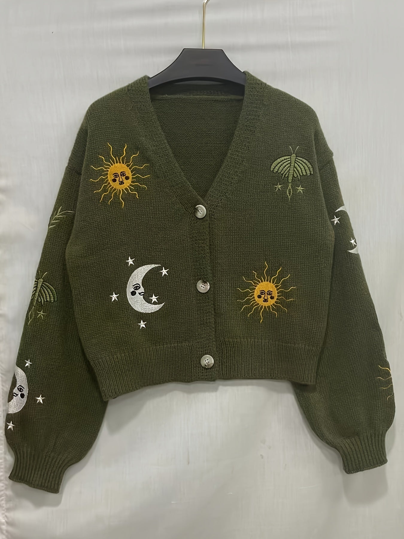 Cardigan court en maille pour femme, col en V, manches longues, motifs soleil et lune brodés