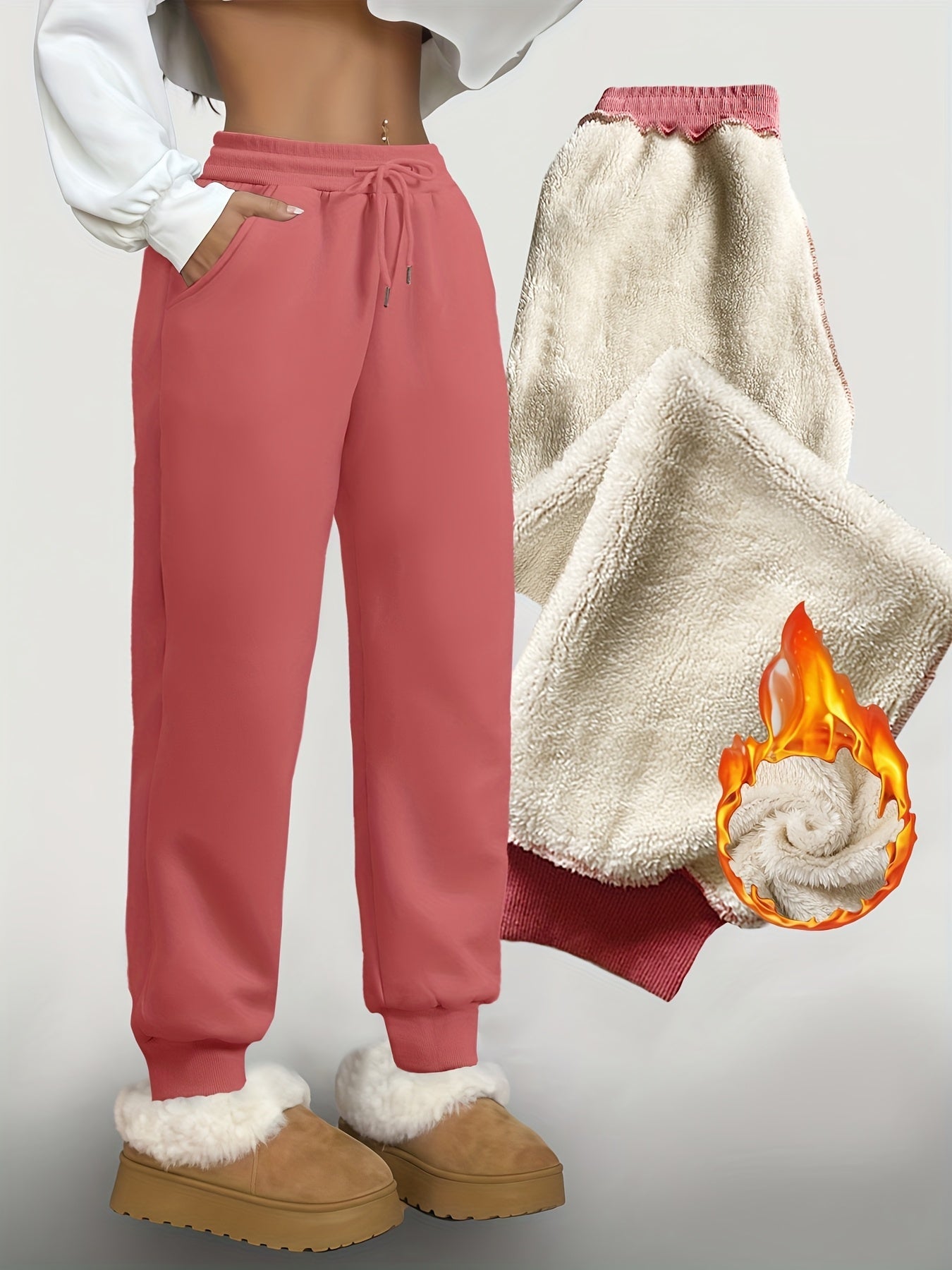 Pantalon de jogging femme doublé polaire coupe droite avec taille élastique et cordons de serrage