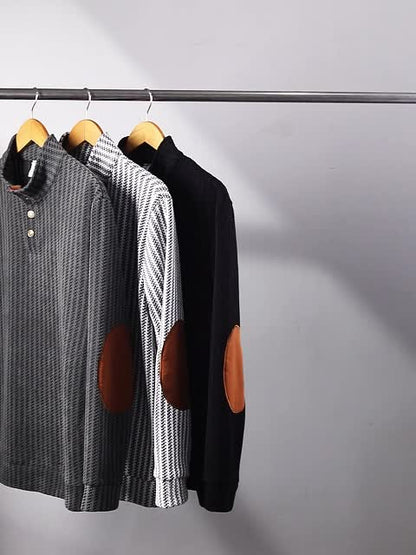 Pull homme à col montant boutonnable, motif tissé et empiècements aux coudes
