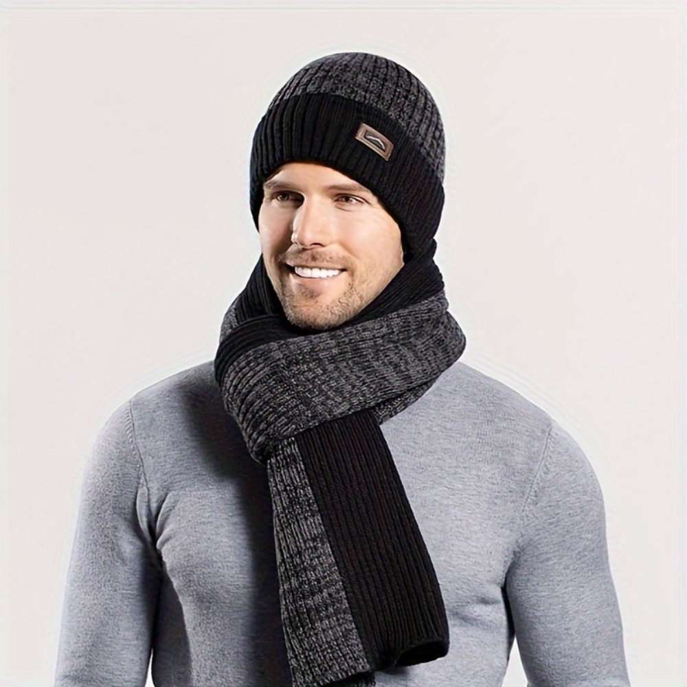 Ensemble hiver bonnet écharpe gants gris chiné tricot doublé polaire pour homme