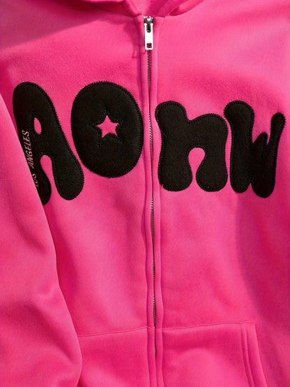 Sweat à Capuche Zippé Femme Rose Vif Étoile New York Lettrage Noir