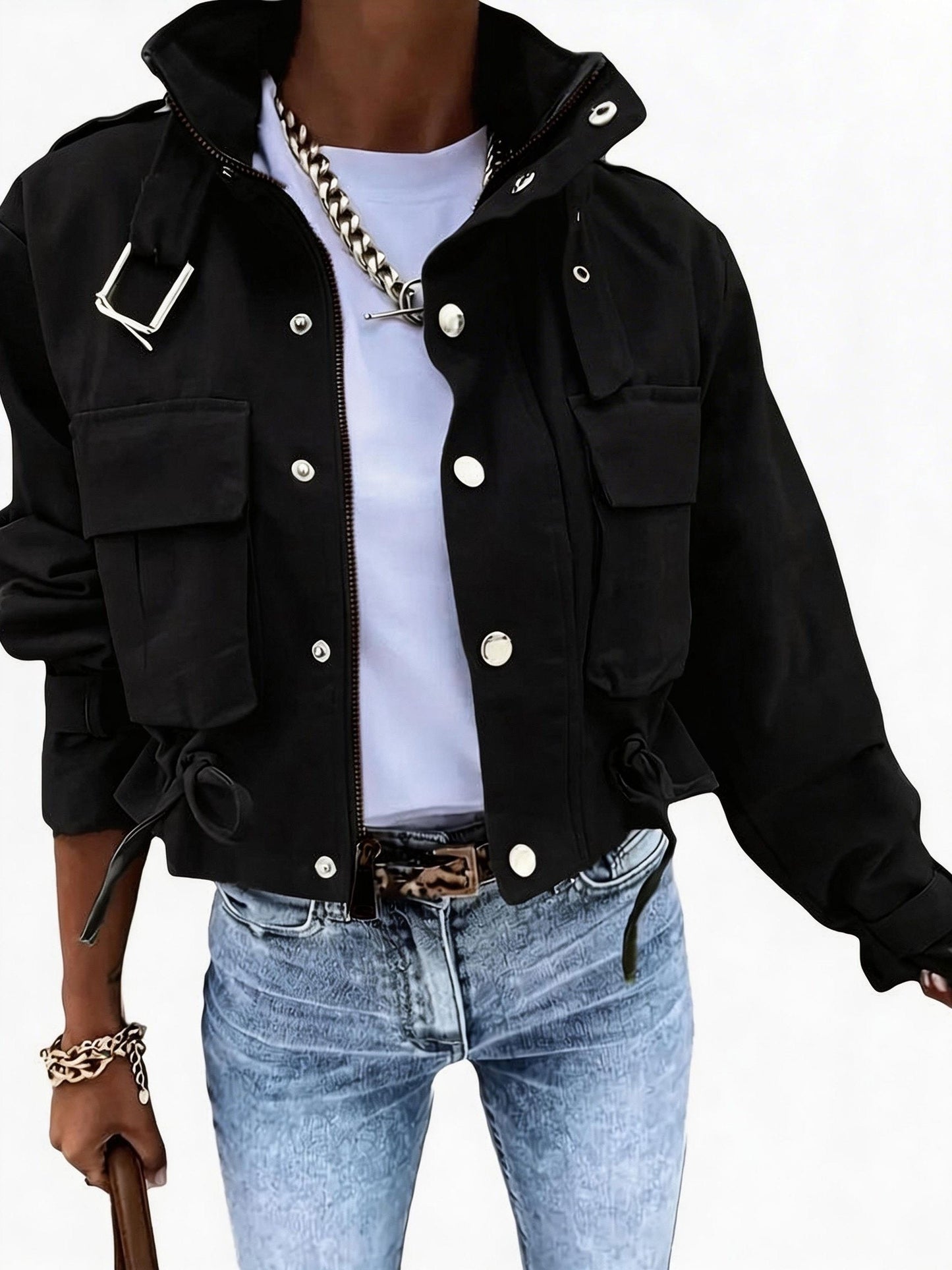 Veste Courte Cargo pour Femme à Boutons et Ceinture Boucle Couleur Unie