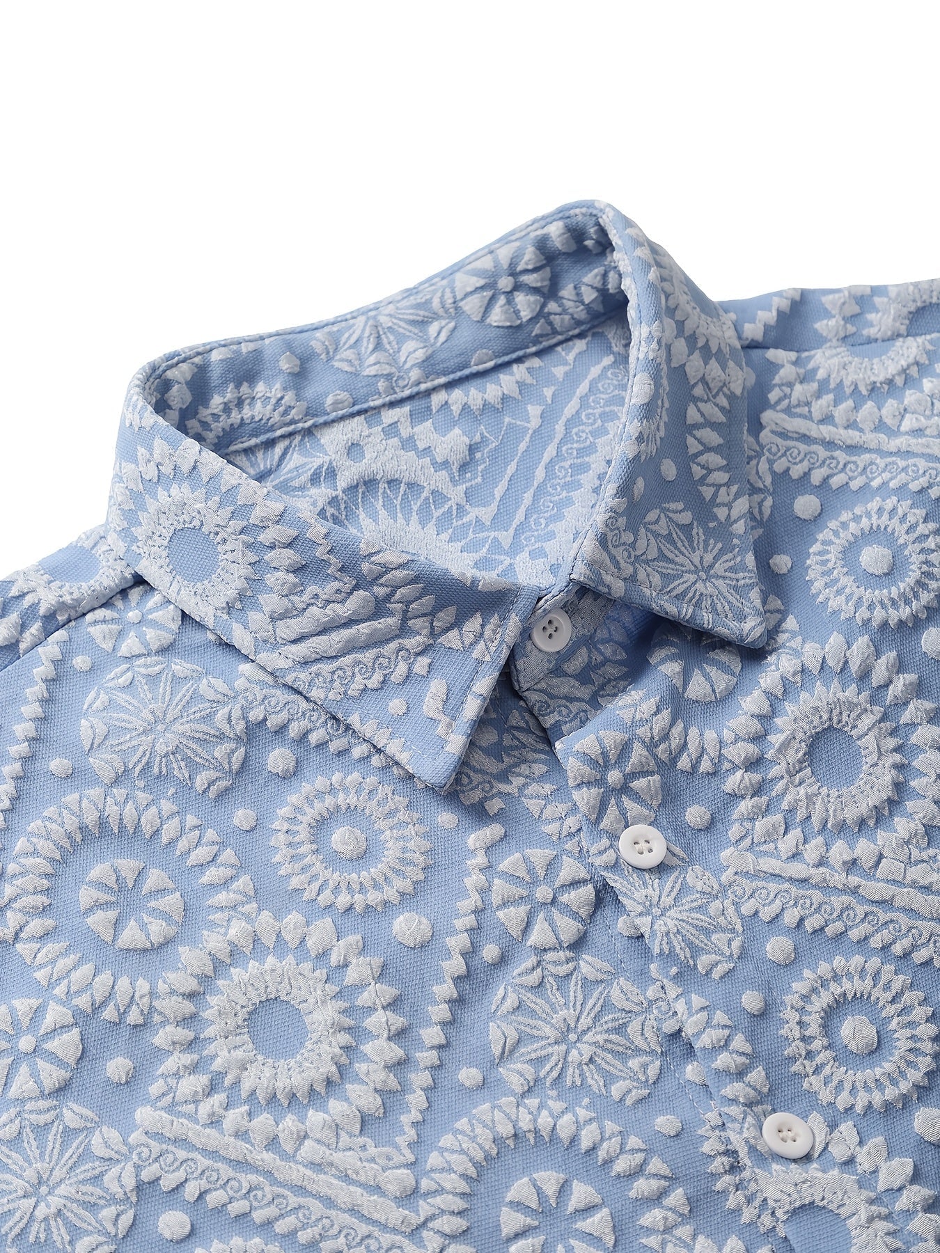 Camicia da uomo stile resort a maniche corte, motivo medaglione testurizzato, ideale per vacanze e uscite estive