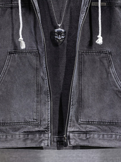 Veste sans manches à capuche pour homme en denim noir délavé