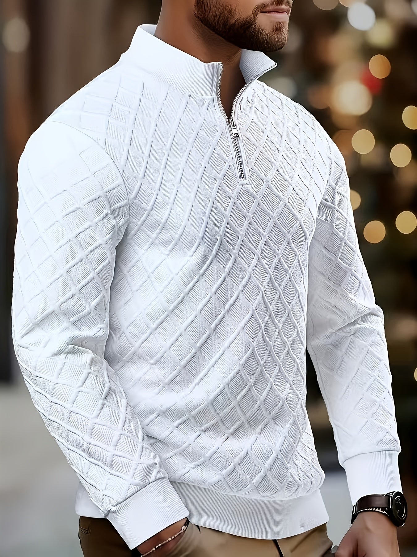 Pull homme blanc texturé à col montant zippé