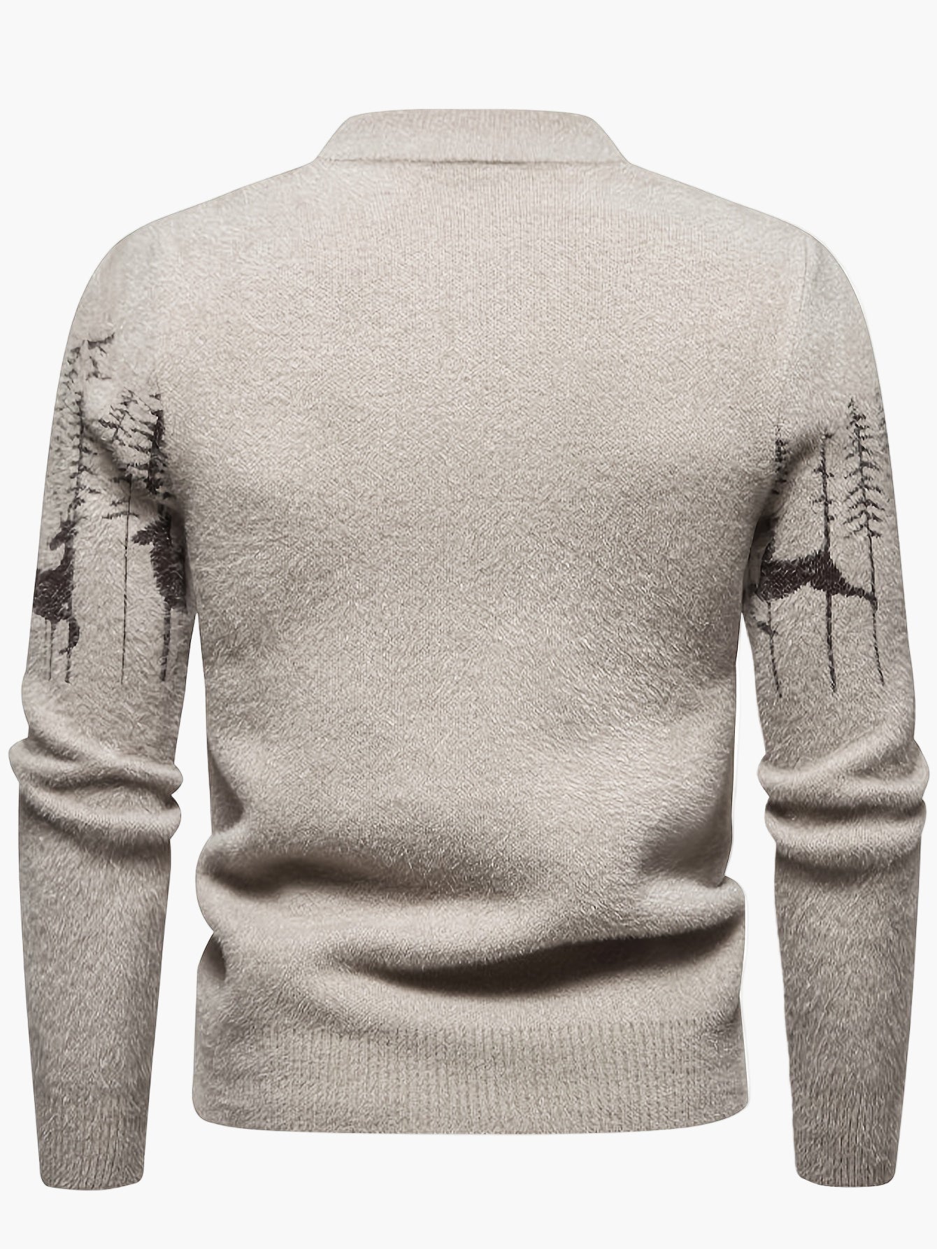 Maglione uomo stile nordico con collo rotondo, motivo cervi e foresta, inverno casual