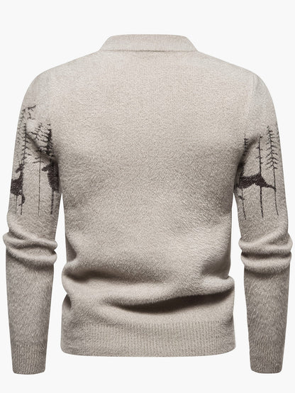 Maglione uomo stile nordico con collo rotondo, motivo cervi e foresta, inverno casual