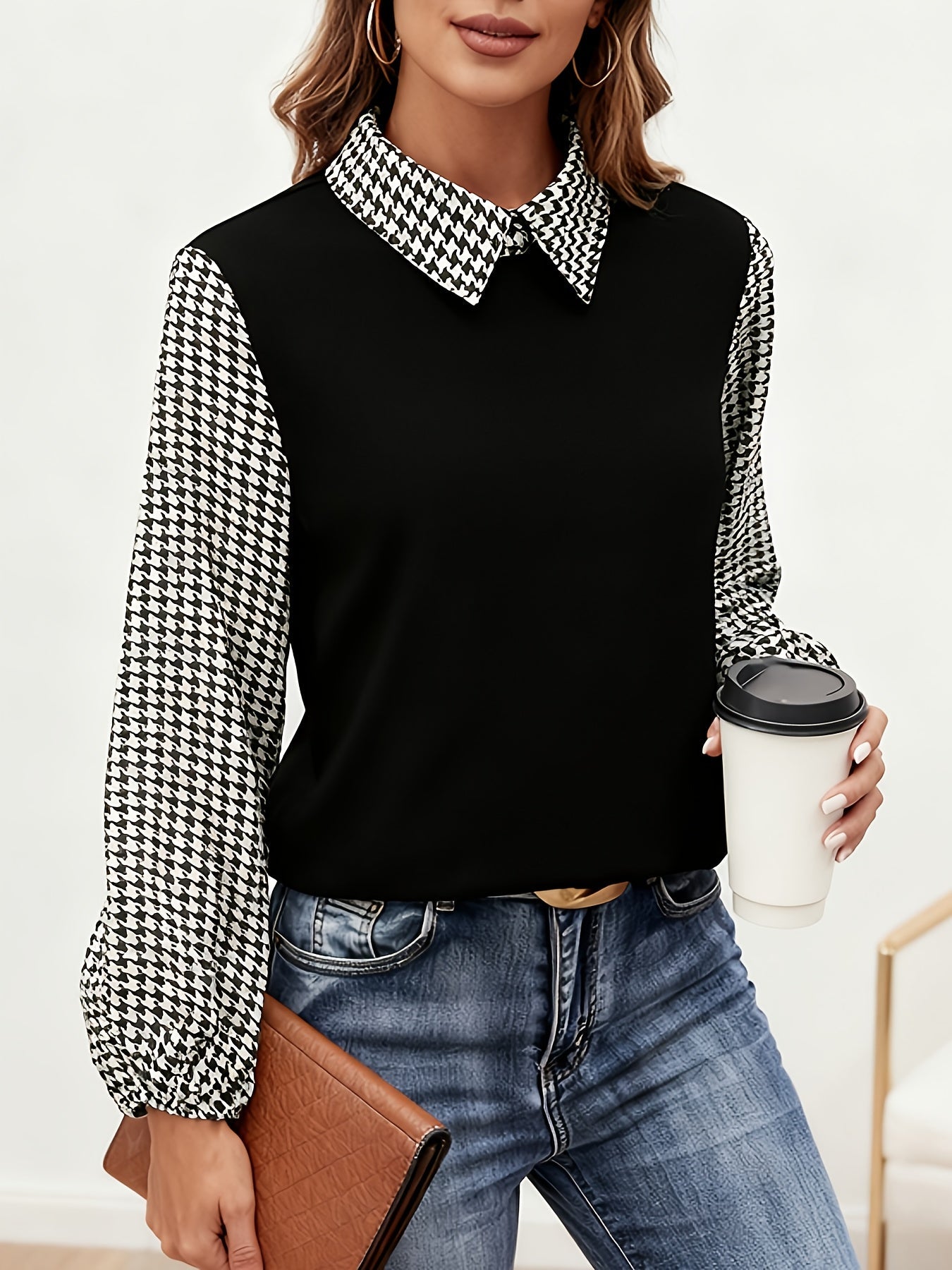 Blouse Femme Noir et Blanc Motif Pied-de-poule Manches Longues