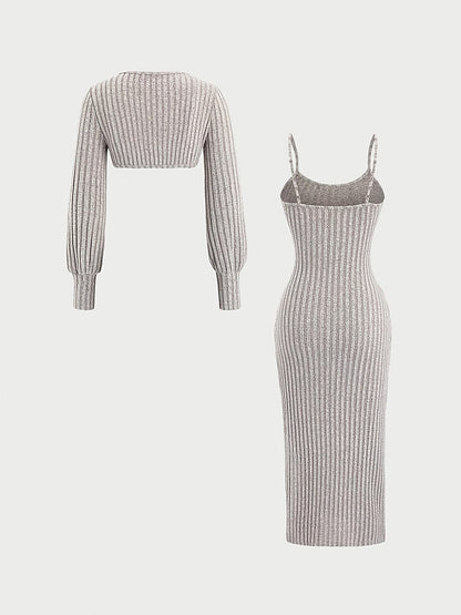 Ensemble Robe Midi Bretelles Fines & Boléro Court Manches Longues Maille Côtelée