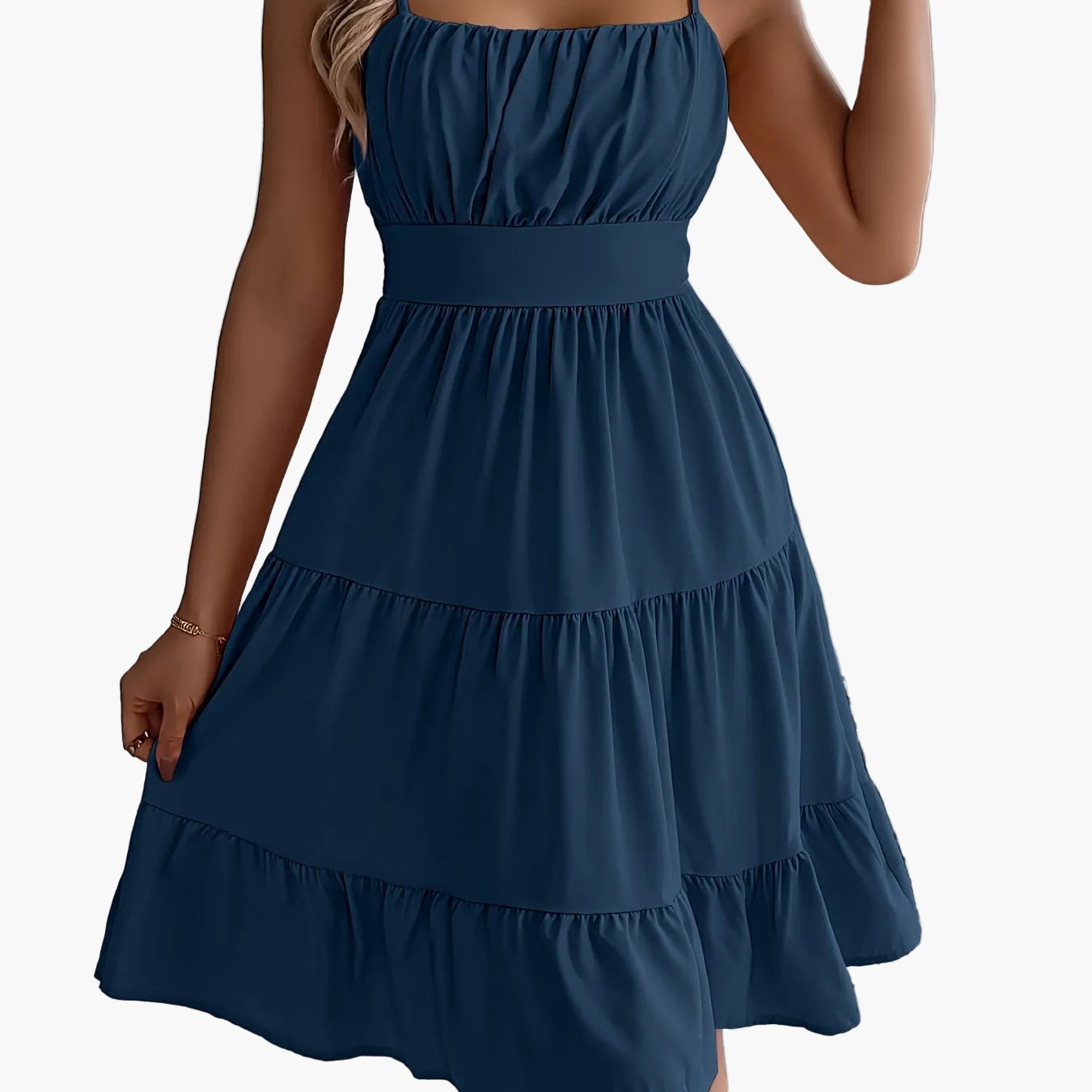 Robe d'été femme style décontracté à bretelles fines, volants, allure vacances