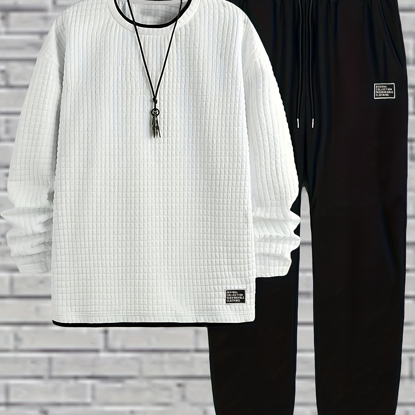 Ensemble Homme Pull Col Rond Texturé Blanc et Pantalon de Jogging Noir