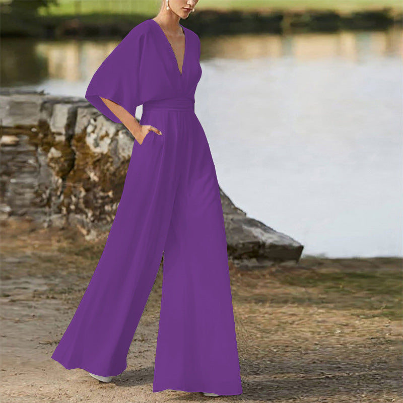Sara – Salopette Donna Scollo a V Vita Alta Gambe Larghe