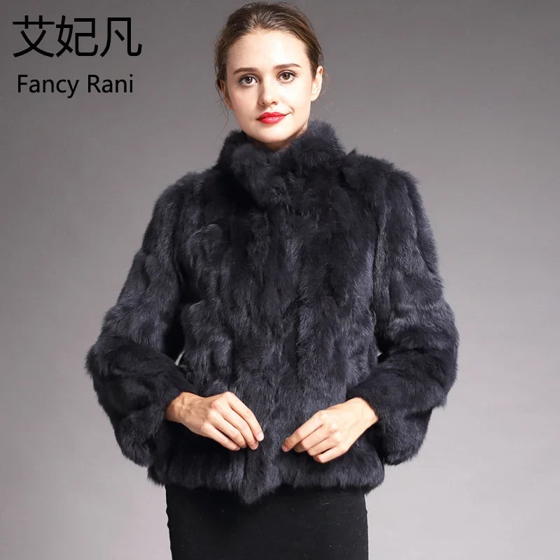Veste courte femme en fourrure synthétique élégante, col montant, manches longues