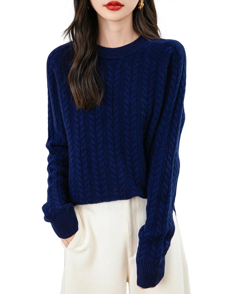 Women's soft cable-knit crew-neck sweater with long sleeves