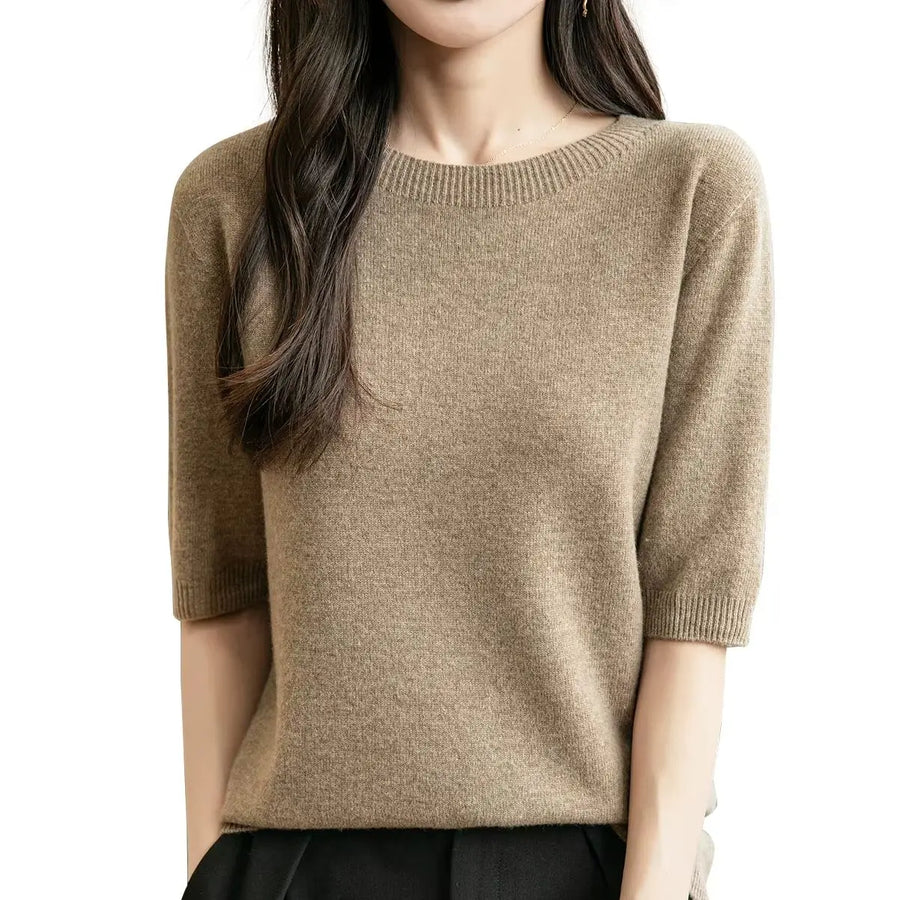 Pull Femme à Manches Courtes Tricot Fin Col Rond Couleur Unie