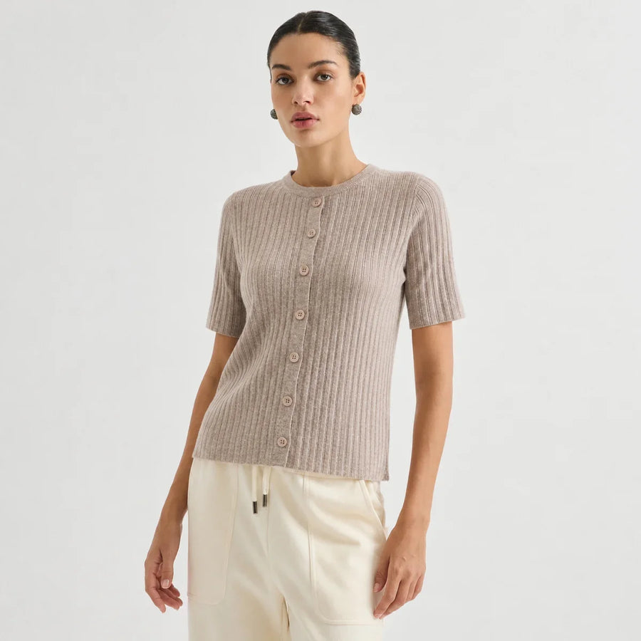 Cardigan côtelé Femme Manches Courtes Boutonné Col Rond