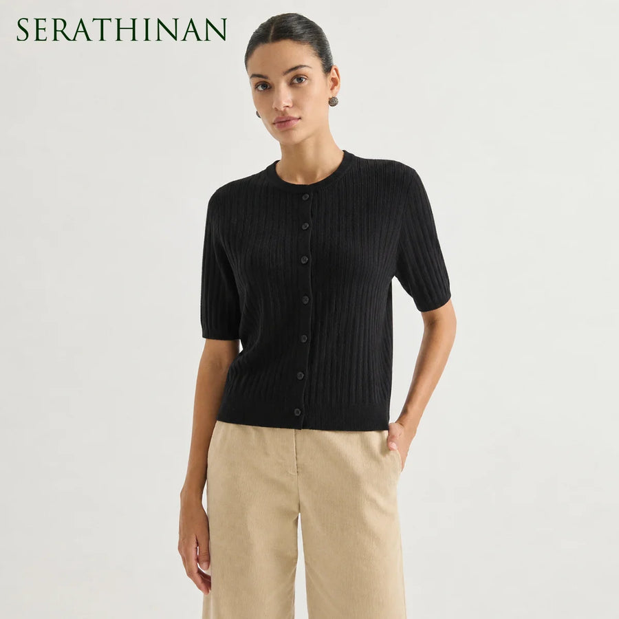 Cardigan côtelé Femme Manches Courtes Boutonné Col Rond
