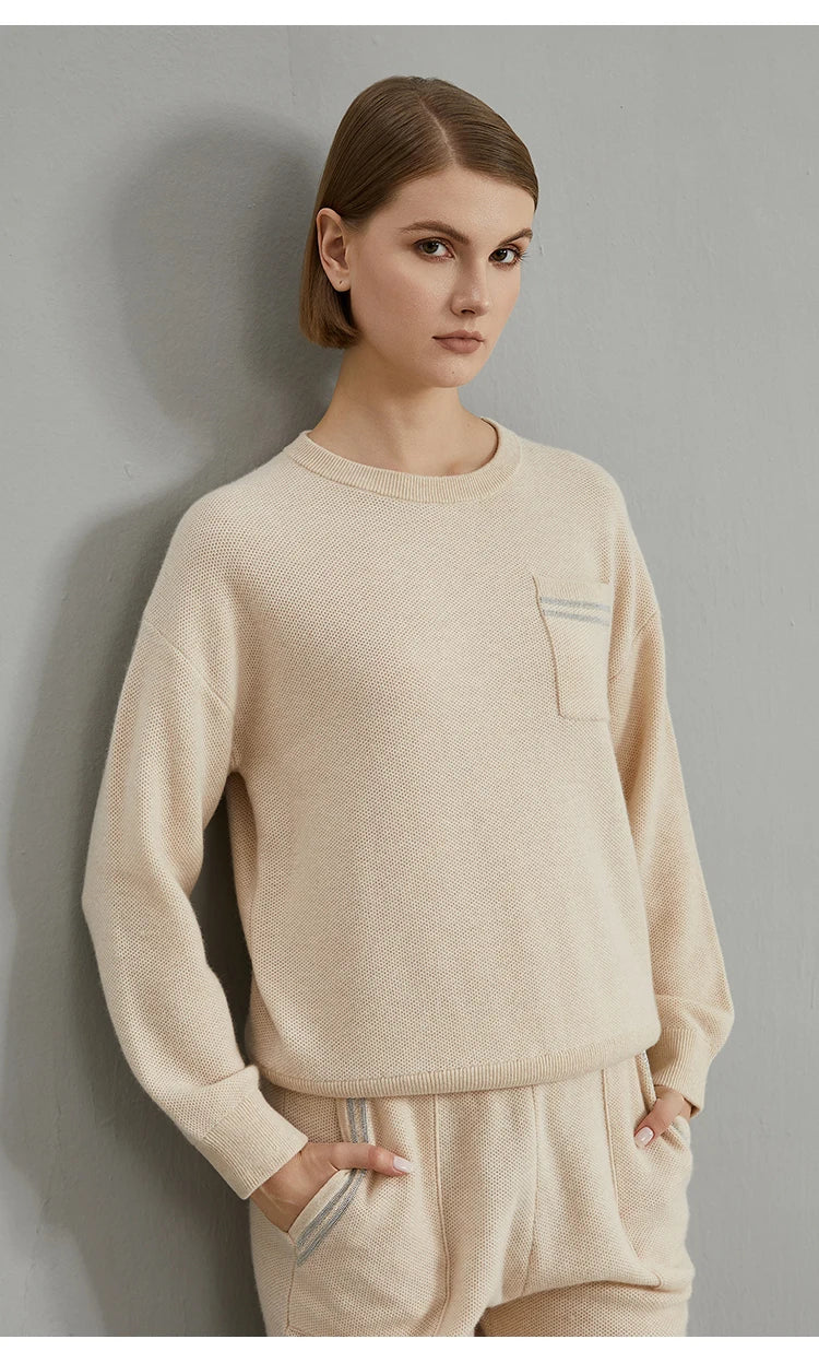 Jersey de cuello redondo para mujer, de punto fino, con bolsillo en el pecho y ribete brillante