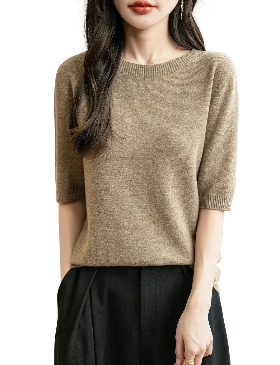 Pull Femme à Manches Courtes Tricot Fin Col Rond Couleur Unie