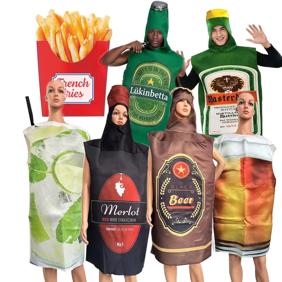 Sjov voksenudklædning med mad og drikke: pommes frites, øl, vin, mojito