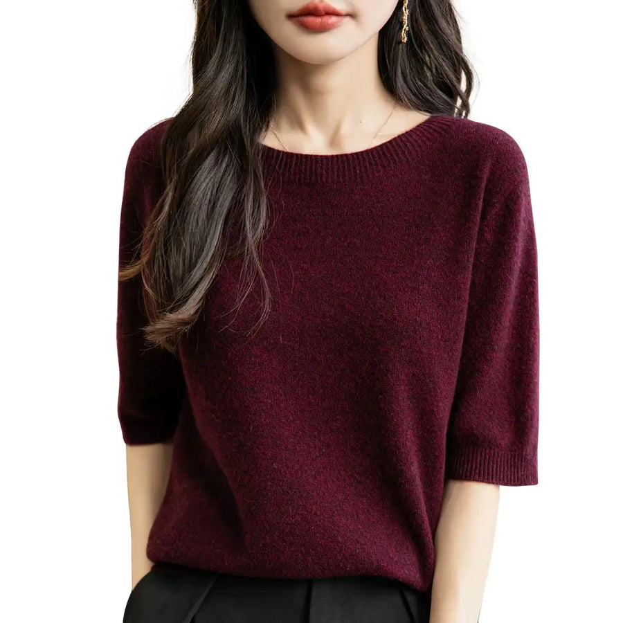 Pull Femme à Manches Courtes Tricot Fin Col Rond Couleur Unie