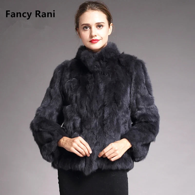 Veste courte femme en fourrure synthétique élégante, col montant, manches longues