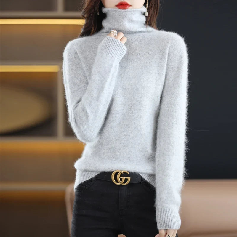 Pull col roulé femme en tricot doux, manches longues uni
