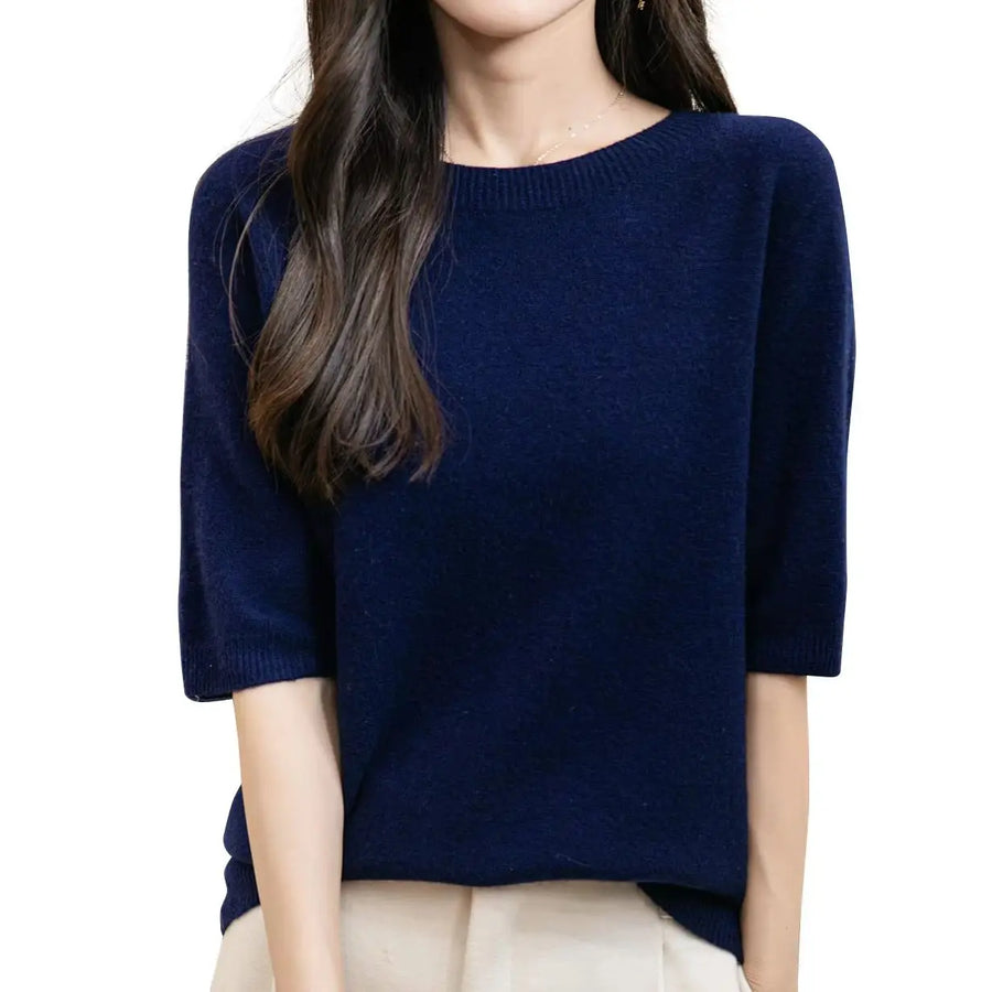 Pull Femme à Manches Courtes Tricot Fin Col Rond Couleur Unie