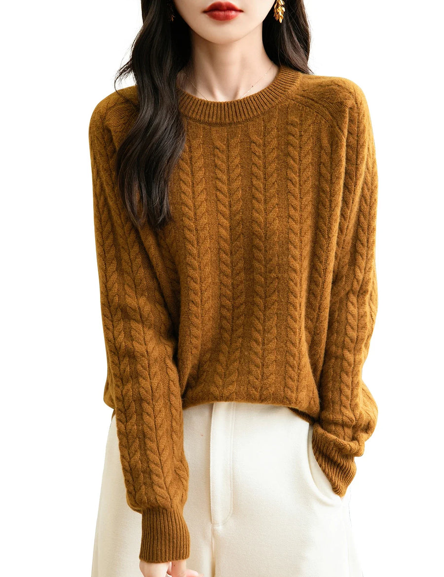 Women's soft cable-knit crew-neck sweater with long sleeves