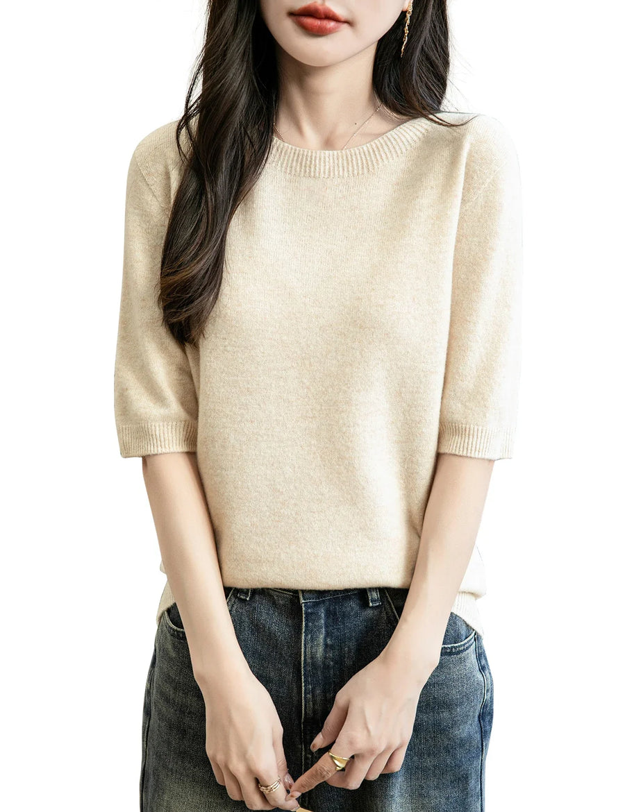 Pull Femme à Manches Courtes Tricot Fin Col Rond Couleur Unie