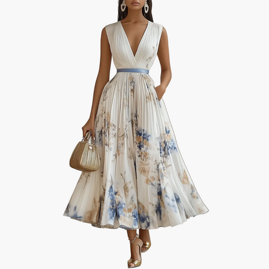 Elegant plissert seremoni-kjole for kvinner med blått og hvitt blomsterprint, V-hals, for spesielle anledninger