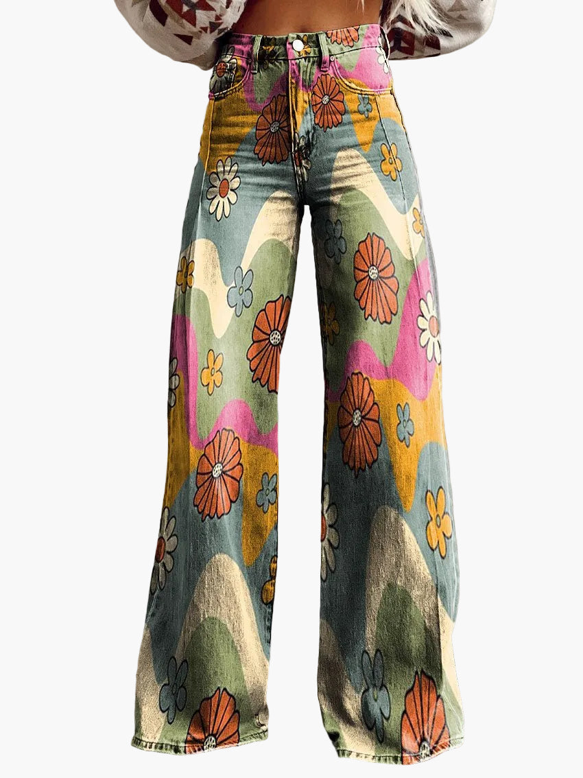 Jeans larghi da donna stile bohémien con stampa floreale, taglio ampio, ideale per un aspetto informale e alla moda