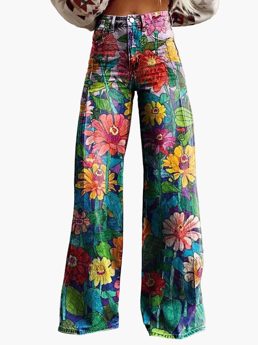 Jeans larghi da donna stile bohémien con stampa floreale, taglio ampio, ideale per un aspetto informale e alla moda