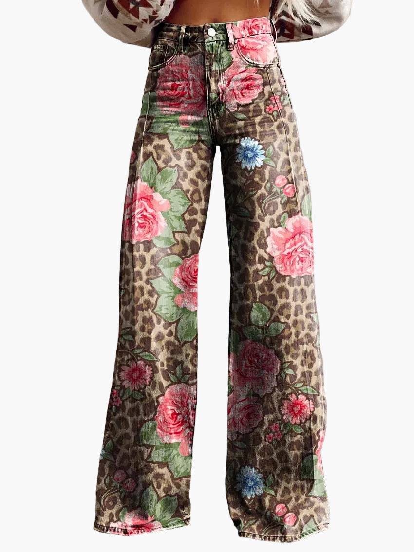 Jeans larghi da donna stile bohémien con stampa floreale, taglio ampio, ideale per un aspetto informale e alla moda