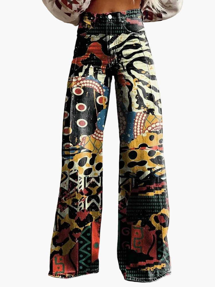 Jeans larghi da donna stile bohémien con stampa floreale, taglio ampio, ideale per un aspetto informale e alla moda