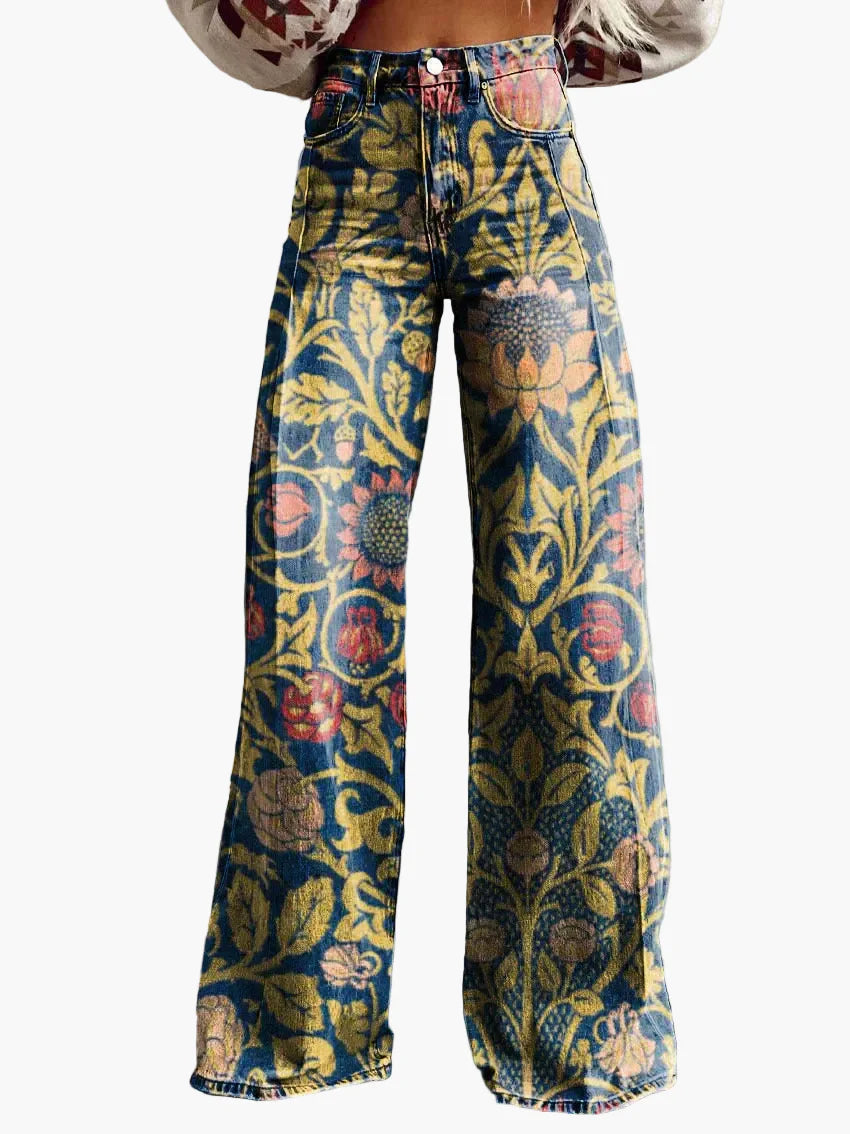 Jeans larghi da donna stile bohémien con stampa floreale, taglio ampio, ideale per un aspetto informale e alla moda