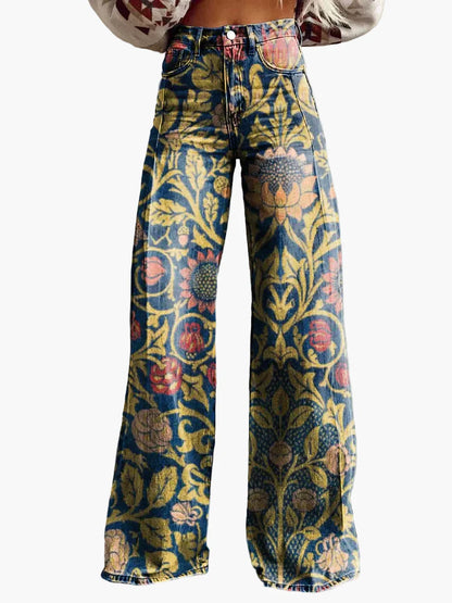 Jeans larghi da donna stile bohémien con stampa floreale, taglio ampio, ideale per un aspetto informale e alla moda
