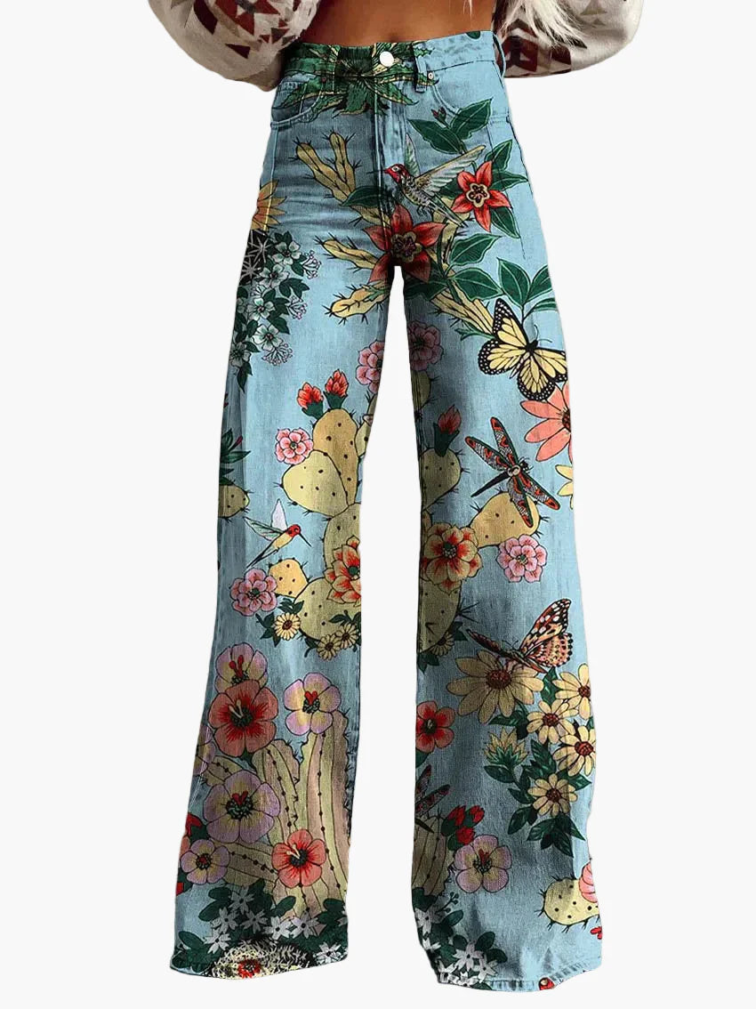 Jeans larghi da donna stile bohémien con stampa floreale, taglio ampio, ideale per un aspetto informale e alla moda