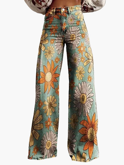 Jeans larghi da donna stile bohémien con stampa floreale, taglio ampio, ideale per un aspetto informale e alla moda