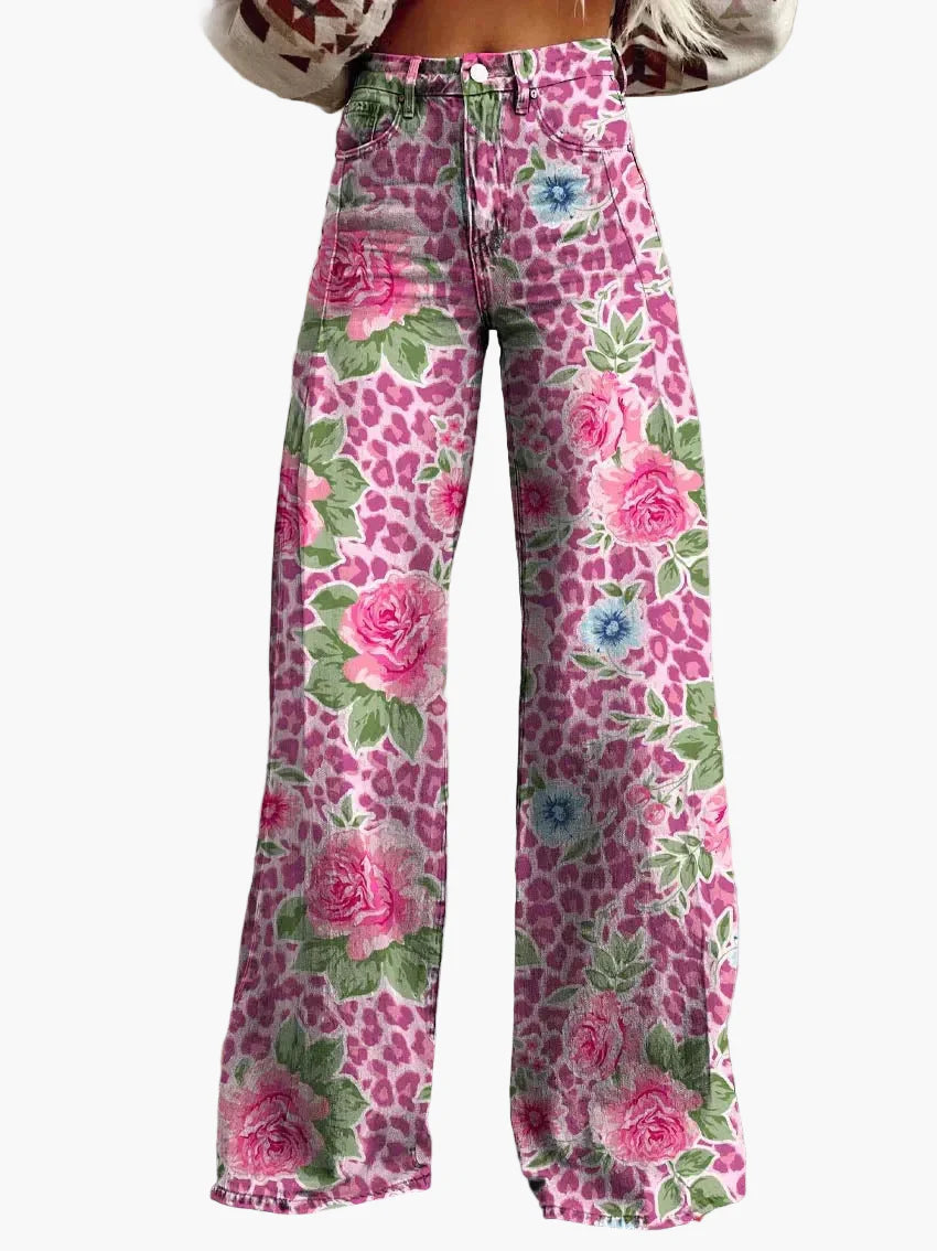 Jeans larghi da donna stile bohémien con stampa floreale, taglio ampio, ideale per un aspetto informale e alla moda