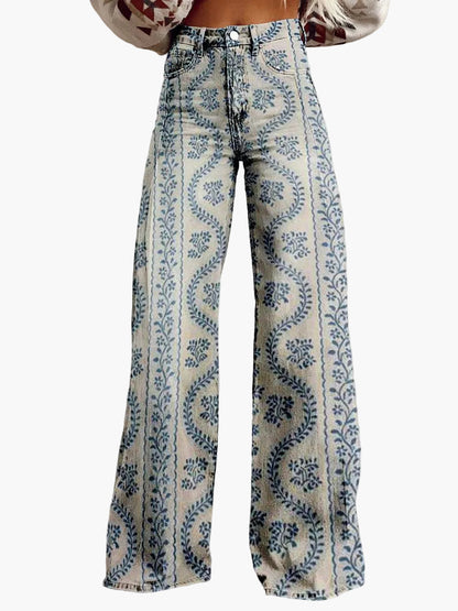 Jeans larghi da donna stile bohémien con stampa floreale, taglio ampio, ideale per un aspetto informale e alla moda